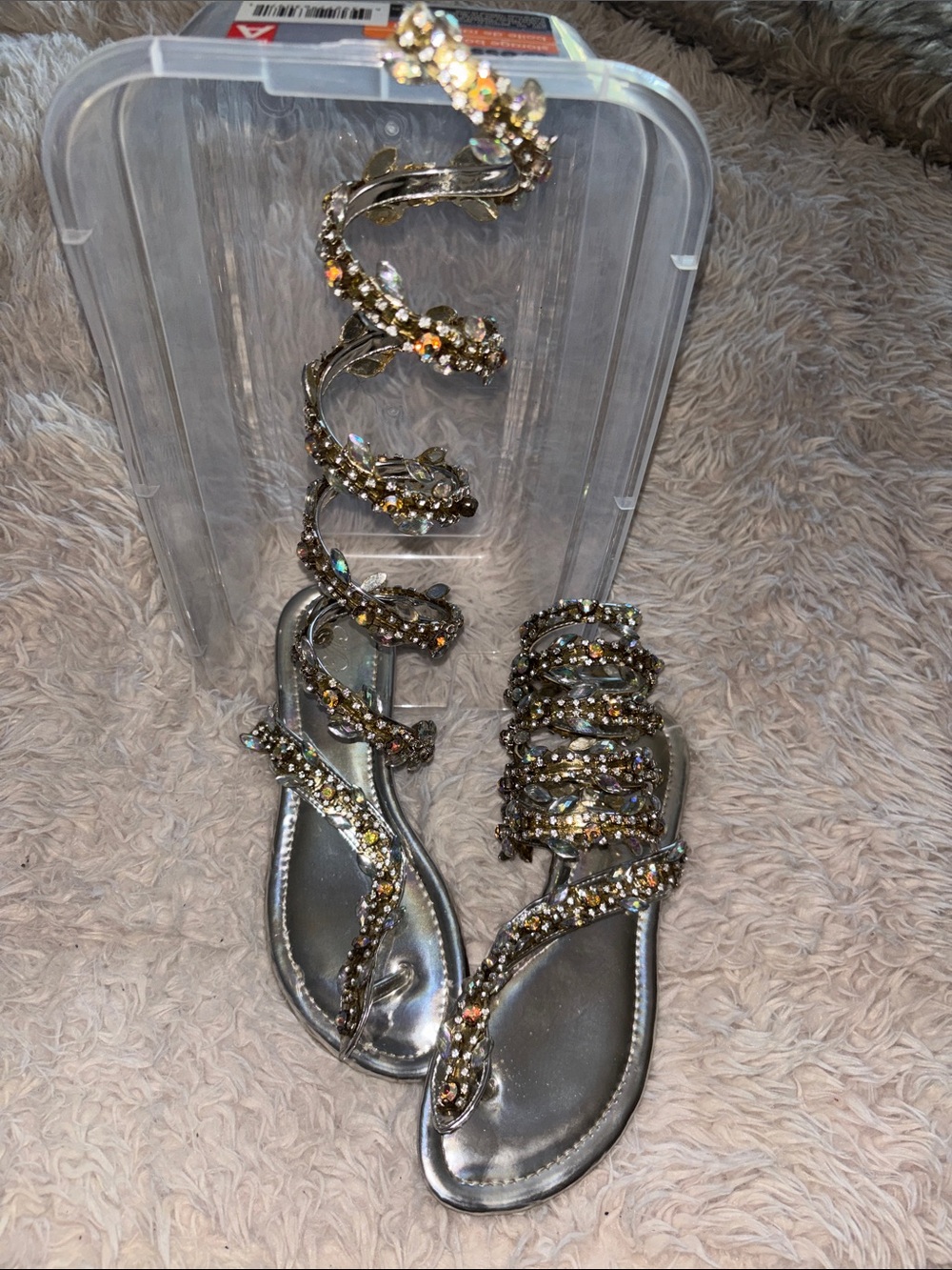 MeiMei Silver Multi-Crystal Spiral Gladiator Sandals